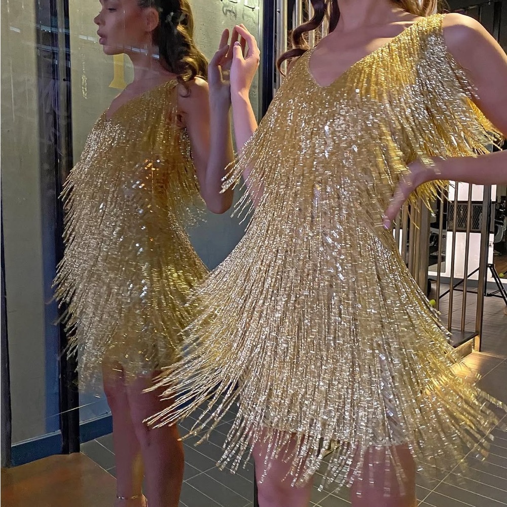 NADINE MERABI Tammy Gold Beaded Fringe Cocktail Minidress